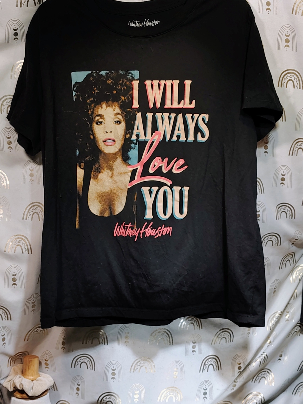 Whitney Eve Black Graphic Short-Sleeve Tee with Pink and Light Blue Lettering